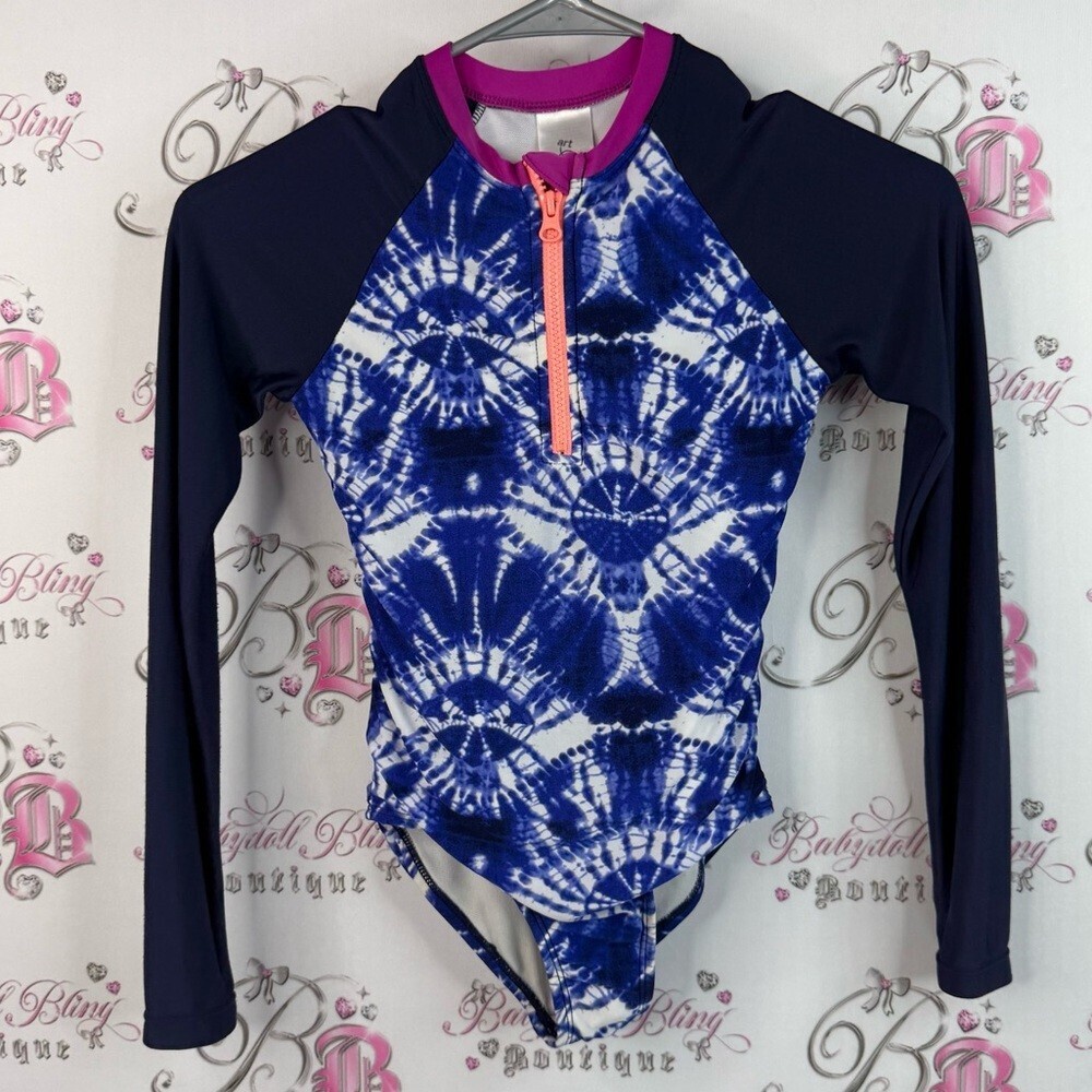 art class body suit long sleeves tie dye blue white Navy and Pink Kids shirt